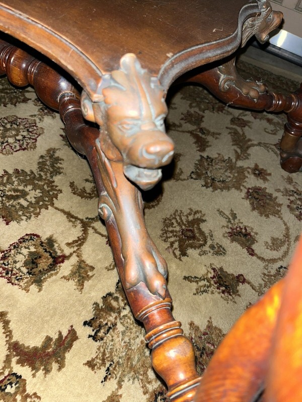 MERKLEN LIBRARY TABLE, 1890s, GREMLINS, DRAGON, BALL AND CLAW FOOT, ANTIQUE gallery