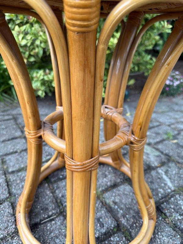 Vintage Rattan Round Side Table, Boho Wooden Plant Stand, Woven Stool Table, Mid gallery