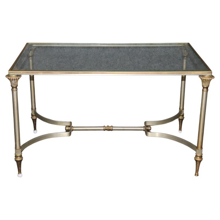 Diminutive Size Maison Jansen Style Brass Steel Glass Directoire Coffee Table