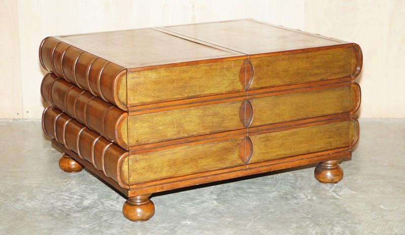 LARGE SIX DRAWER STACK OF SCHOLARS LIBRARY BOOKS COFFEE TABLE BROWN LEATHER TOP gallery