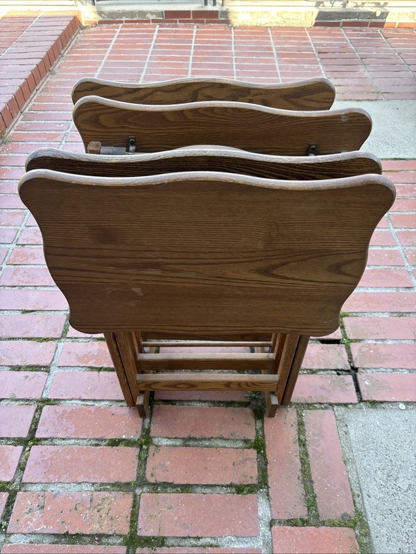 Vintage Set of 4 Unique Folding TV Table Trays & Rack Solid Oak Wood