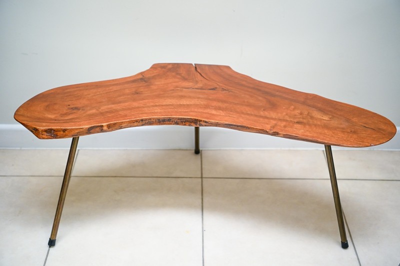Mid-Century Freeform Live-Edge Tripod Coffee Table in the Manner of Carl Auböck, gallery