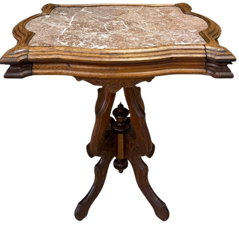 Victorian Walnut Turtle Top Lamp Table – Rose Marble with Burl Accents #22534 gallery