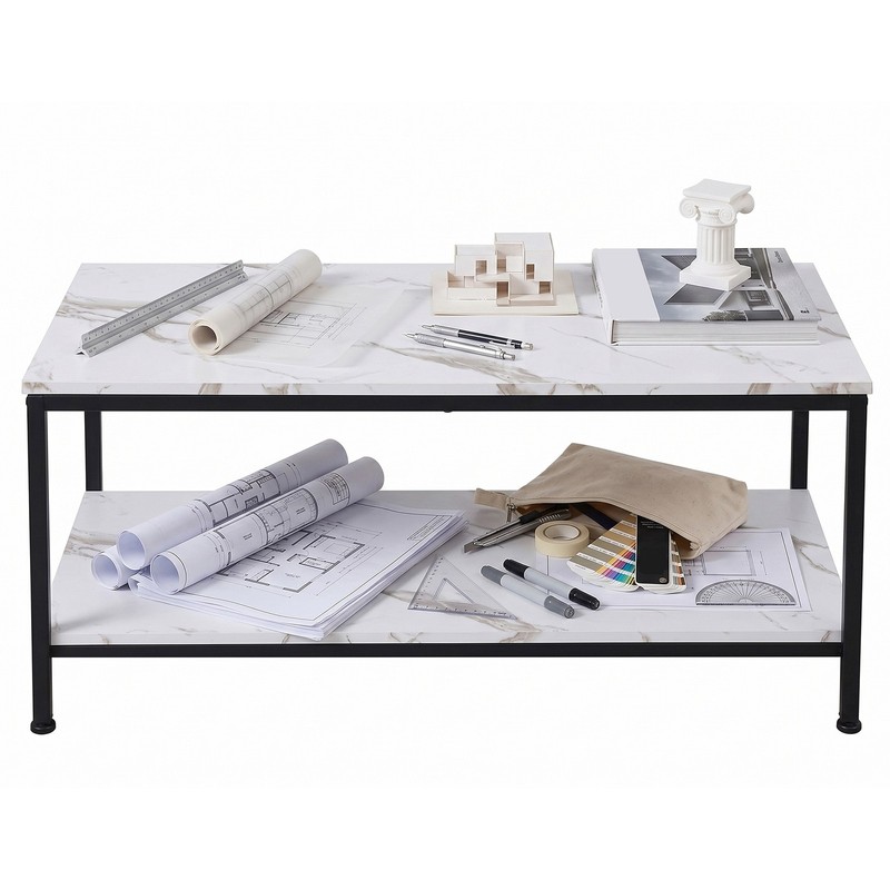 2-Tier Coffee Table for Living Room Farmhouse Center Table w/Storage Shelf White gallery