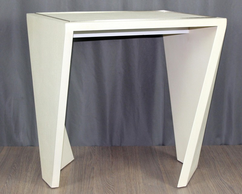Eduard end table by Theodore Alexander, leather wrapped, stainless trim - clean gallery