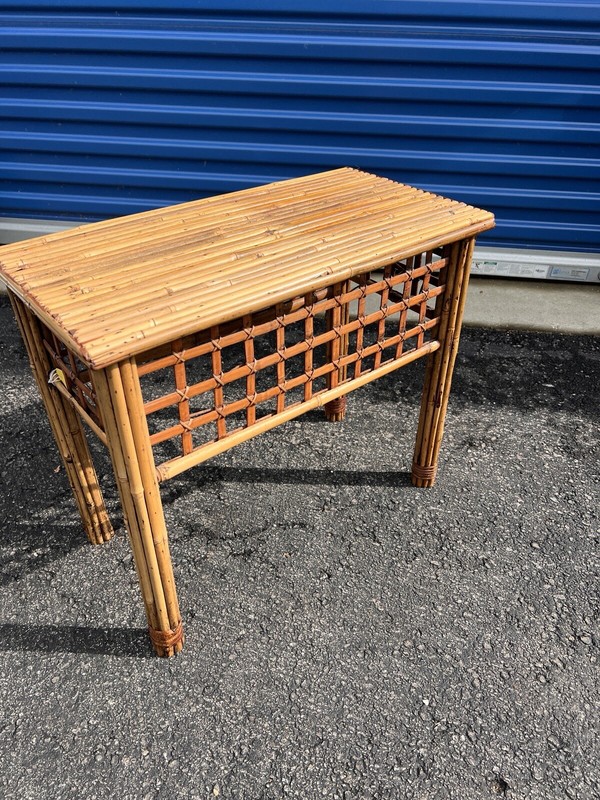 1970s Vintage Mcm Bamboo Side End Table Trellis Design Patio Table gallery