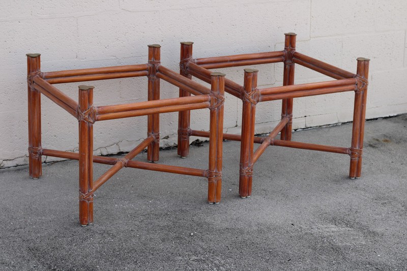 Authentic Rare Marked McGuire Natural Bamboo Rattan Accent Table Bases Brass Cap gallery