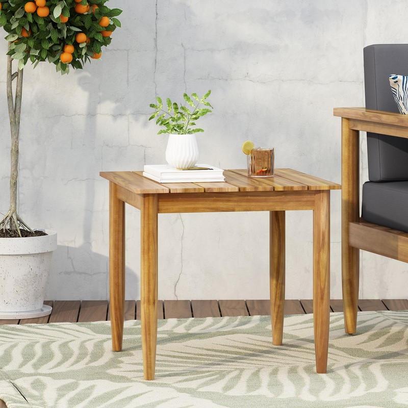 Acacia Wood Side Table Rustic Slat Design Outdoor 20x20x18.25