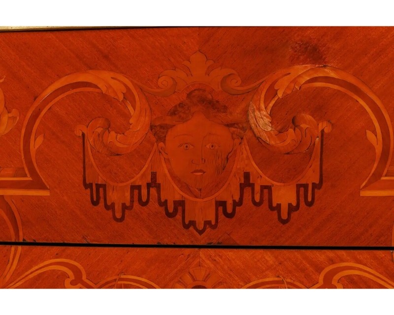 Exquisite French Ormolu-Mounted Mahogany Parquetry Marble-Top Commode C. 1870 gallery