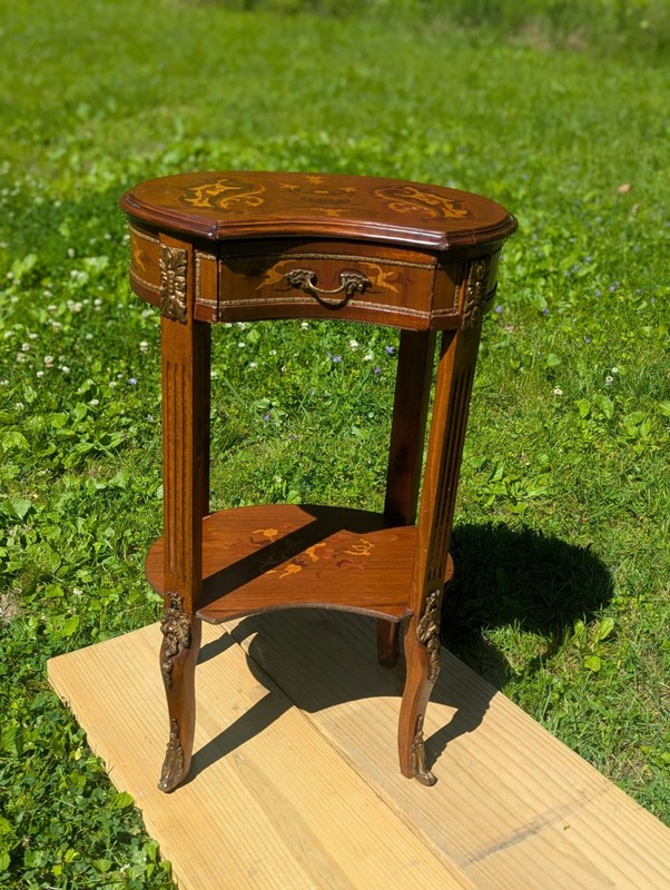 Vintage Louis XV Style Marquetry Inlaid Wood Small Curved Accent Table #1 gallery
