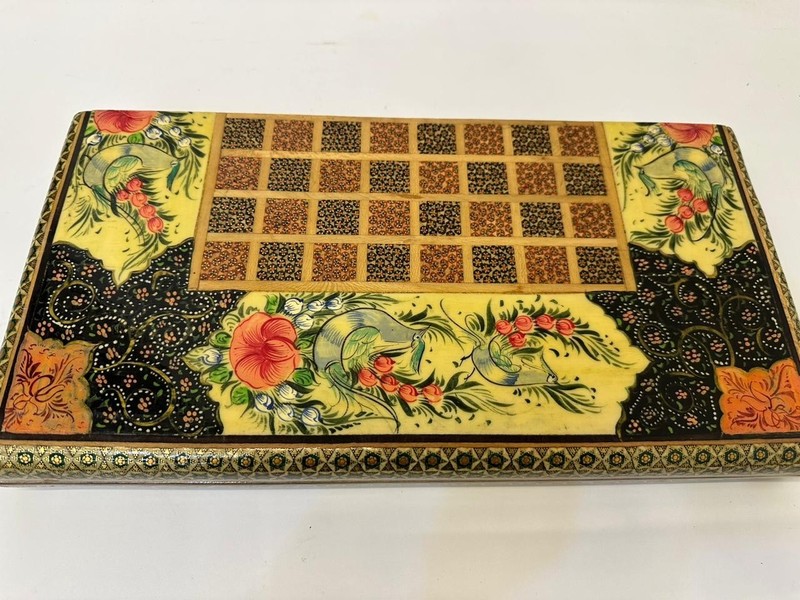 Vintage Persian Backgammon & Chess Set – Inlaid Wood & HandPainted Art Marquetry