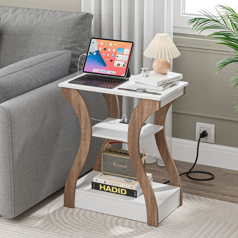 2X 3 Tier End Table w/ Charging Station Side Table for Bedroom Living Room White gallery