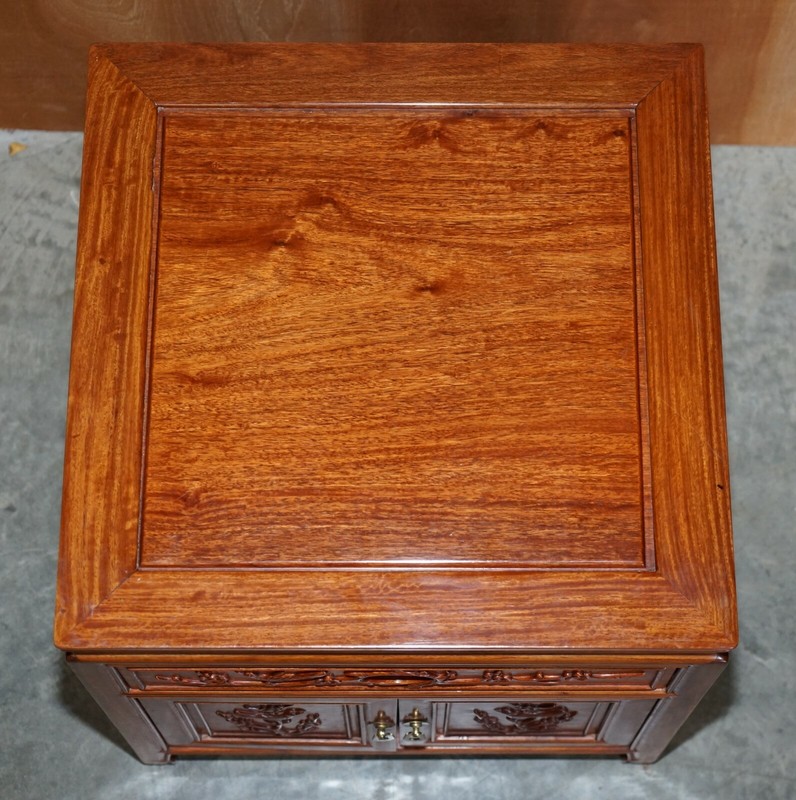 PAIR OF ORIENTAL TEAK SIDE END LAMP WINE TABLES DRAWERS WITH BIRDS & FLOWERS gallery