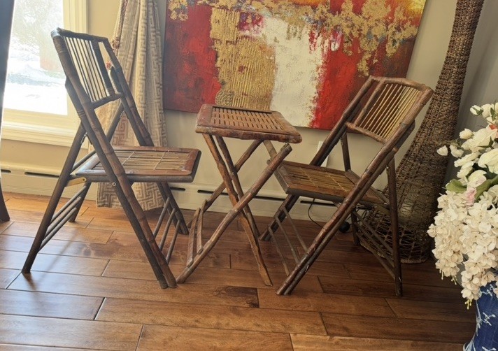 Set-3 Vintage Burnt Bamboo Tortoise Shell Folding Chairs Table Rattan MCM Accent