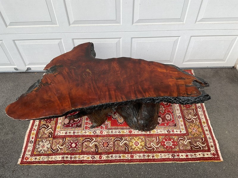 Rustic Handcrafted Free Form Live Edge Slab Redwood Large Coffee Table
