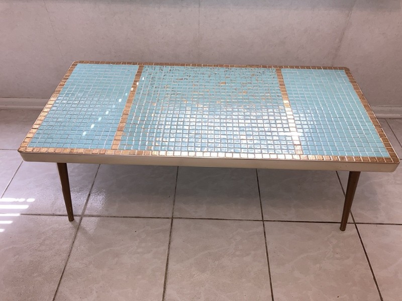 Mid-Century Turquoise Porcelain Mosaic Tile Top Coffee Table Brass Legs
