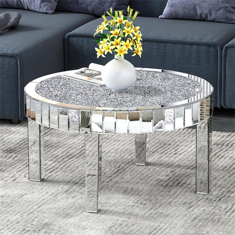 Luxurious Round Mirrored Crush Crystal Diamond Coffee Table for Living Room 80cm gallery