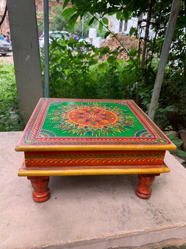 Handcrafted Wooden Chowki Indian Traditional Decorative Bajot Pooja Stool Gift gallery