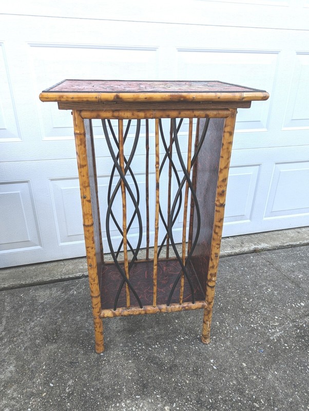 Vintage Edwardian Bamboo Stand Table Accent Display Bar Cabinet Red Floral RARE gallery