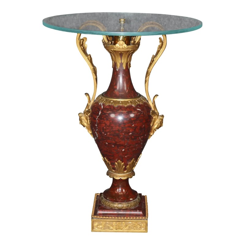 Superb Rouge Marble Urn Form Figural Bronze Mounted Glass Top Occasional Table