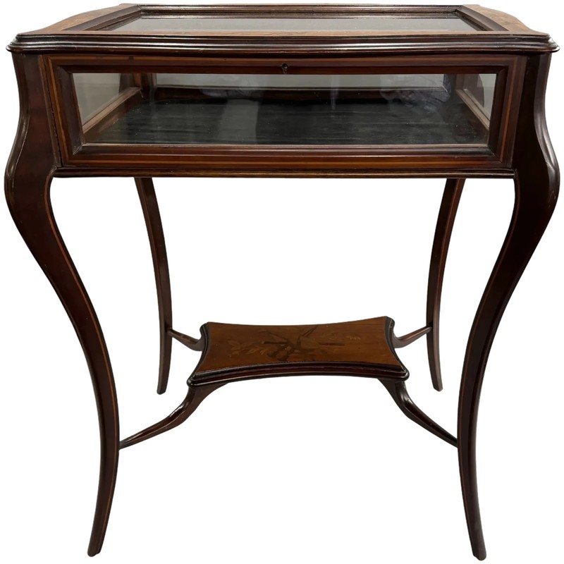 Rectangular Walnut Vitrine with Foliate and Musical Marquetry Inlay