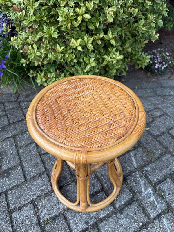 Vintage Rattan Round Side Table, Boho Wooden Plant Stand, Woven Stool Table, Mid gallery