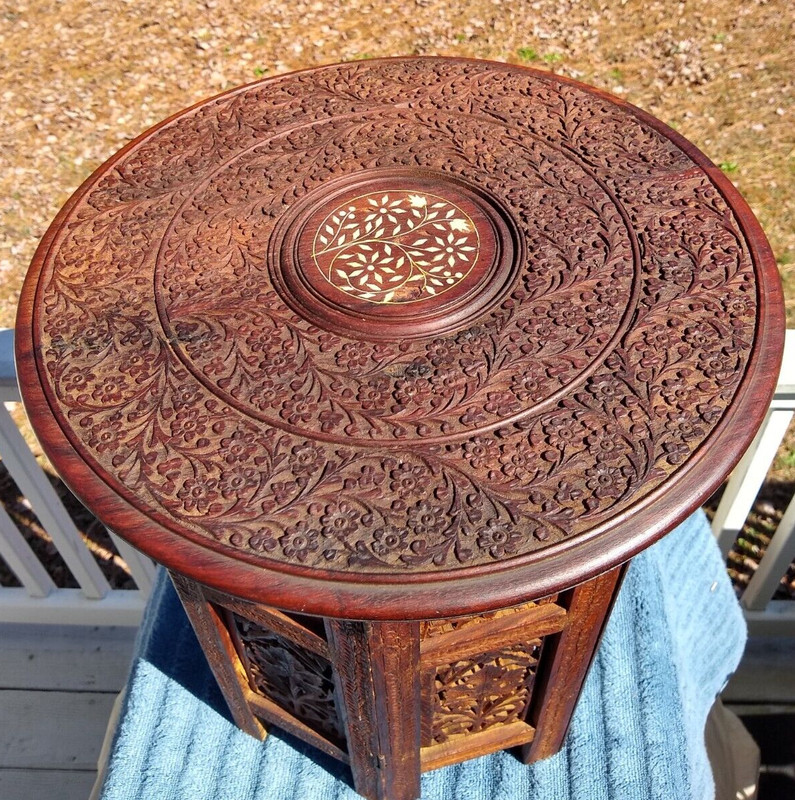 Amazing Antique Inlaid Beautifully Hand Carved Octagonal Indian Side Table gallery