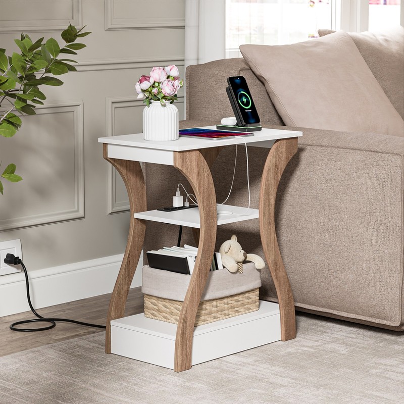 End Table Living Room with Charging Station and USB Ports Sofa Side Table White gallery