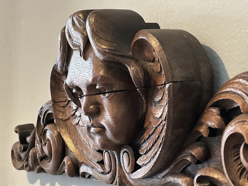 Architectural Salvage Carved Walnut, Cherub, Angel Renaissance Wall Plaque 44” gallery