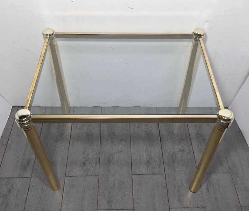 Vintage Mid Century Modern Hollywood Regency Gold Metal Glass Tubular End Table gallery