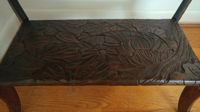 Vtg Beautiful Carved Wooden Table w/ Shelf & Curved Legs 35 L x 21.25 W x 25.5 H gallery