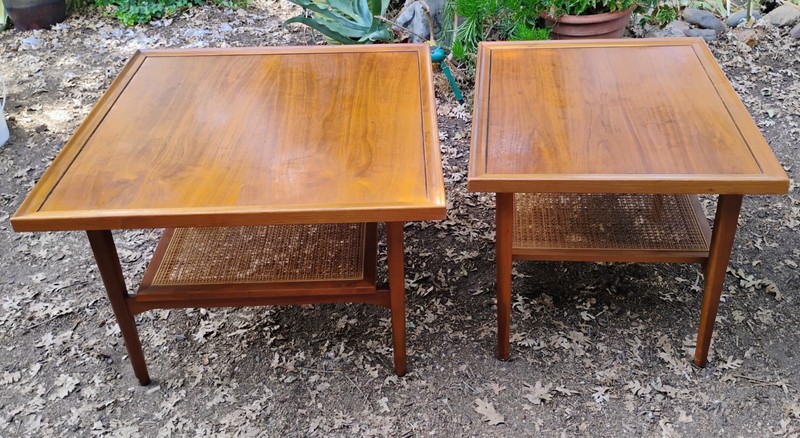 Vintage Drexel Declaration Mid Century Modern 2-Tier Walnut & Cane Tables MCM
