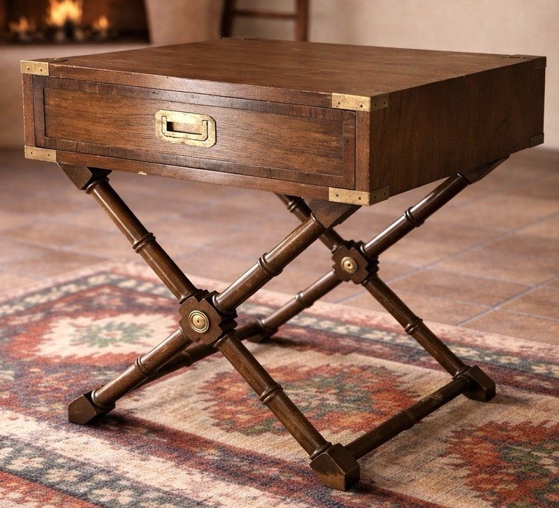 Campaign End Table Hekman Walnut With Drawer X Base Faux Bamboo gallery
