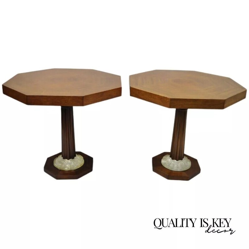 Art Deco Grosfeld House Style Octagonal Mahogany & Lucite Pedestal Side Tables