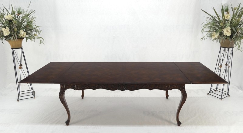 Large French Walnut Refectory Two Leaves Parquetry Carved Top Dining Room Table gallery