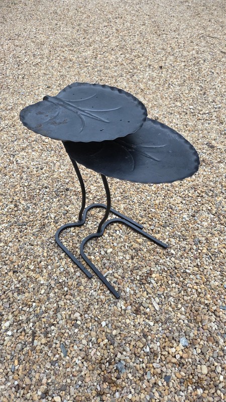 2 Salterini Wrought Iron Leaf Lily Pad Outdoor Patio Nest Side End Table Vtg Mcm gallery