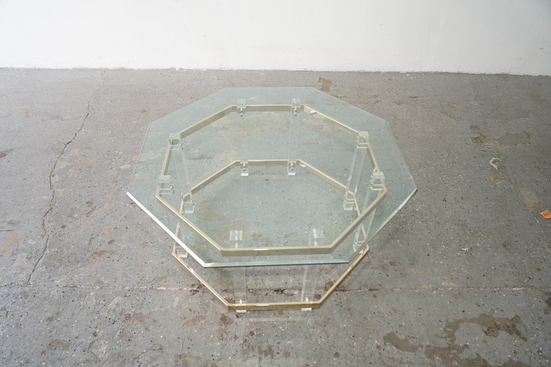 Charles Hollis Jones Post Modern Brass Lucite Octagonal Coffee Table gallery