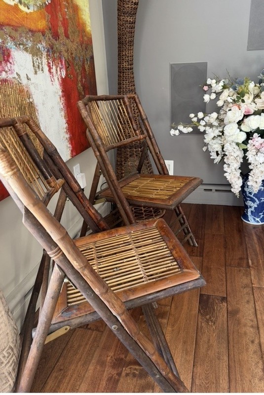 Set-3 Vintage Burnt Bamboo Tortoise Shell Folding Chairs Table Rattan MCM Accent gallery