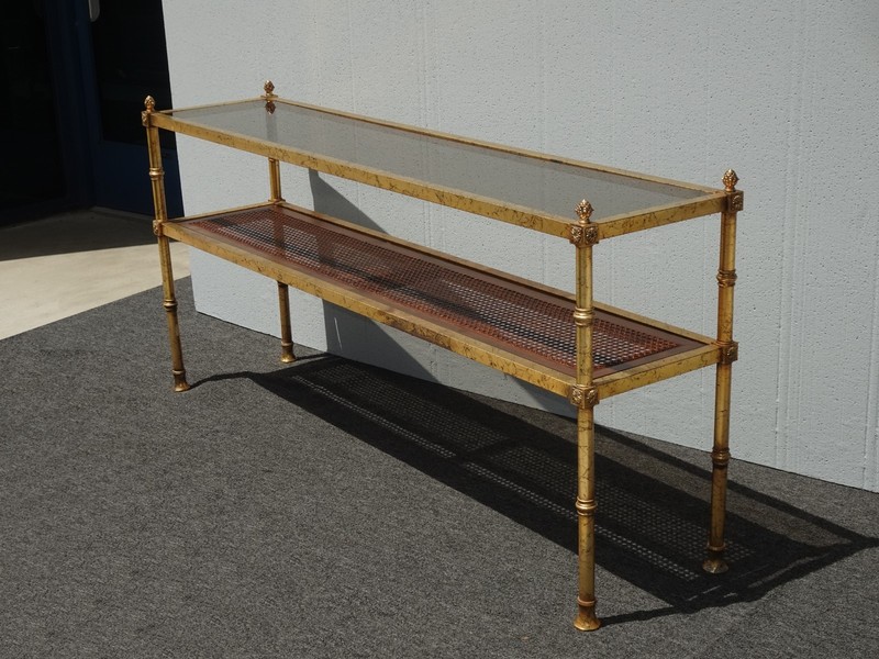 Vintage Hollywood Regency Gold Console Table Sofa Table w Cane Shelf gallery
