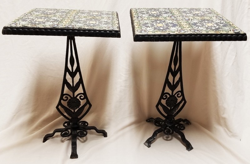 PAIR Antique Arts & Crafts Catalina Tile Top Wrought Iron Tables 19" x 12.5" gallery