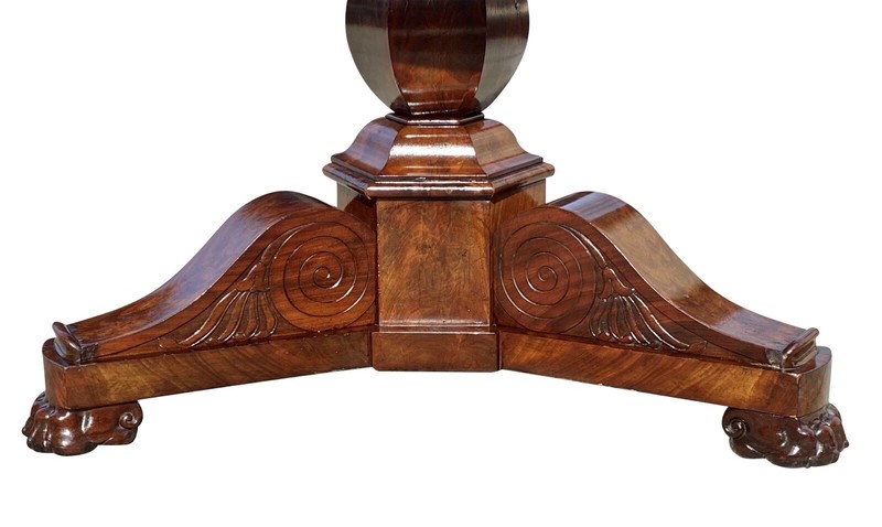 19TH C ANTIQUE MAHOGANY ROUND EMPIRE PARLOR TABLE WITH ONYX DISH TOP gallery