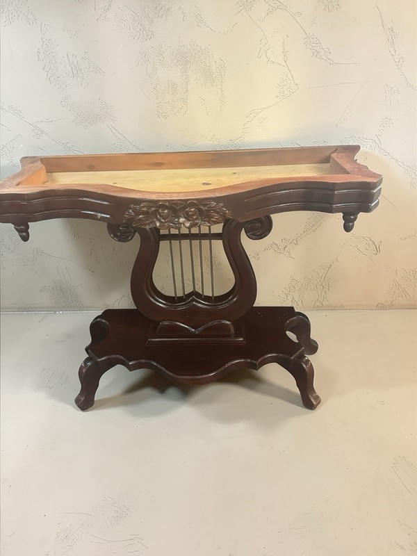 Vintage Marble Top Console Table – Solid Wood Lyre Base gallery
