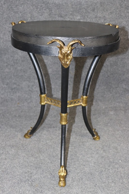 Hollywood Regency Style Leather Top Metal And Brass Rams head end Table gallery