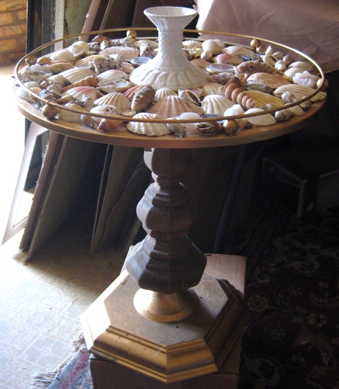 Folk Art Table-16″x24″-Shells, Watches. Candle Holder by DeDe Shamel