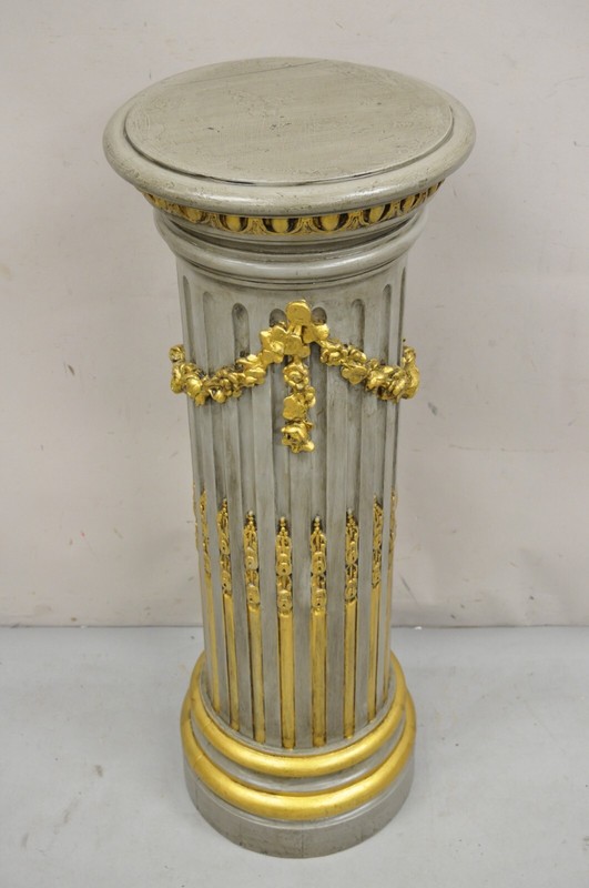 Italian Neoclassical French Empire Grey & Gold Painted Wooden Column Pedestal gallery