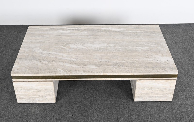 Monumental Travertine and Stainless Steel Coffee Table manner of Karl Springer gallery