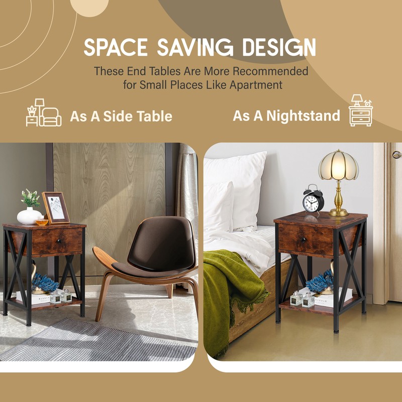 Set of 4 End Table X-Design Sofa Side Tables w/Drawer, Storage Shelf Metal Frame gallery