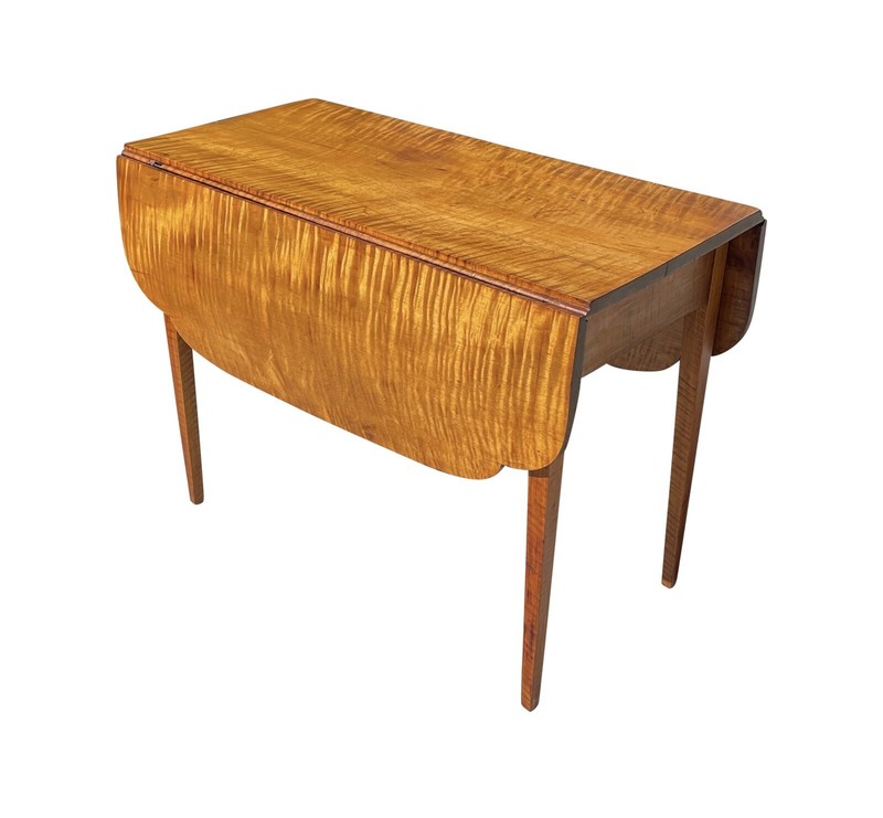 ANTIQUE FEDERAL PERIOD HEPPLEWHITE TIGER MAPLE DROP LEAF TABLE WITH OVOLO TOP gallery