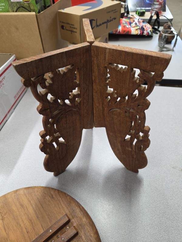 Hand Carved Inlaid Wood 2 Piece Ornate Table/Plant Stand- 11-1/2" dia & 12-1/2"T gallery