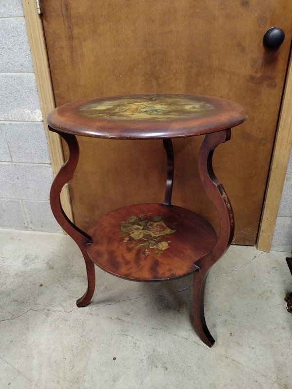antique two tier Italian accent table roccoco scene, Fragonard style gallery